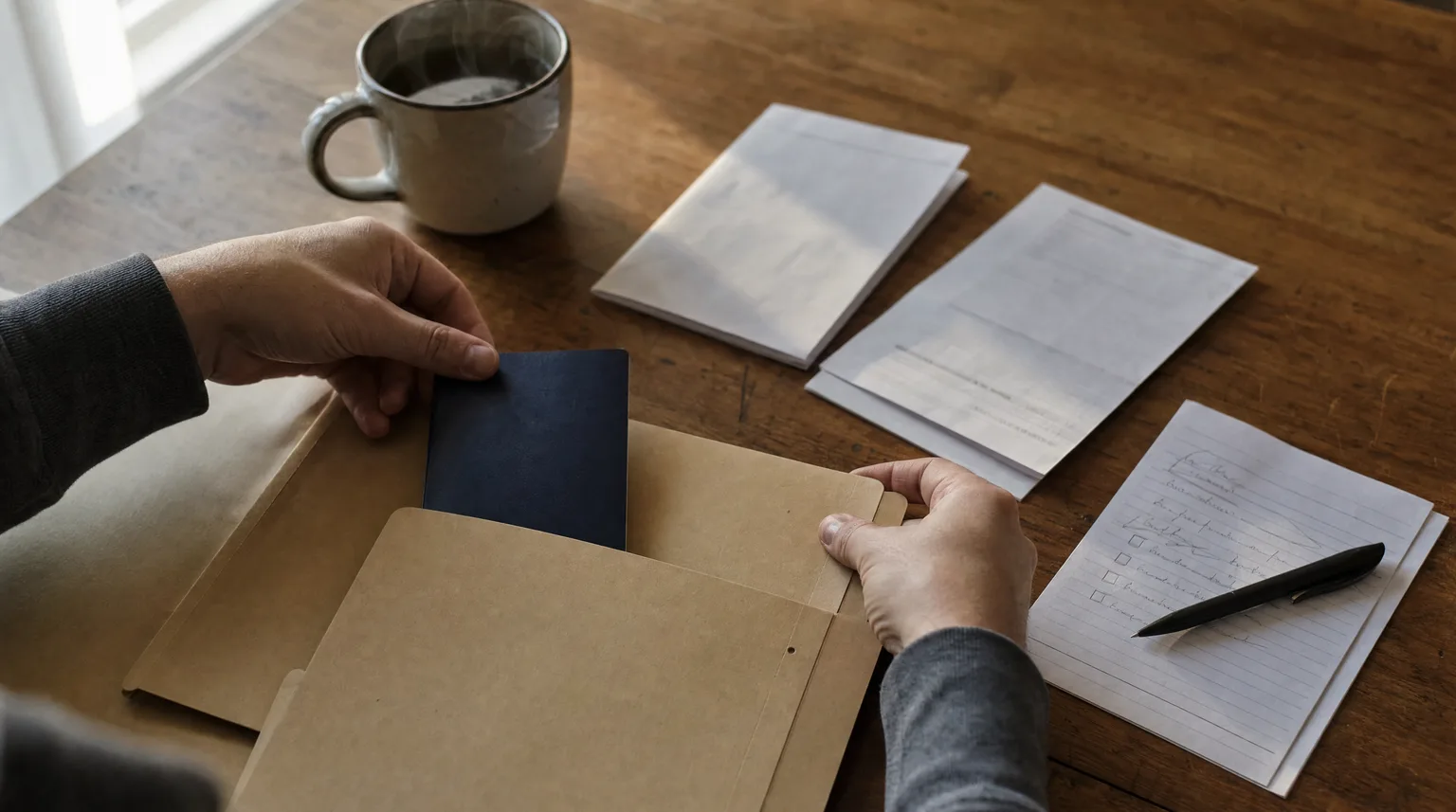 An adult slides a passport into a manila folder on a worn wooden kitchen table in warm morning light, with two folded household documents, a coffee mug, and a handwritten checklist beside them