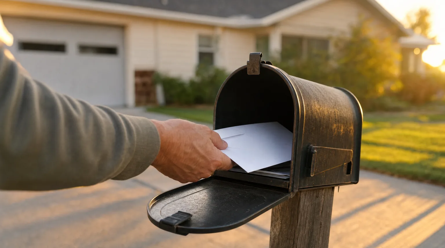 An adult reaches into an open residential mailbox at the end of a driveway at golden hour, drawing out a plain white envelope, with a single-story house and long warm shadows behind
