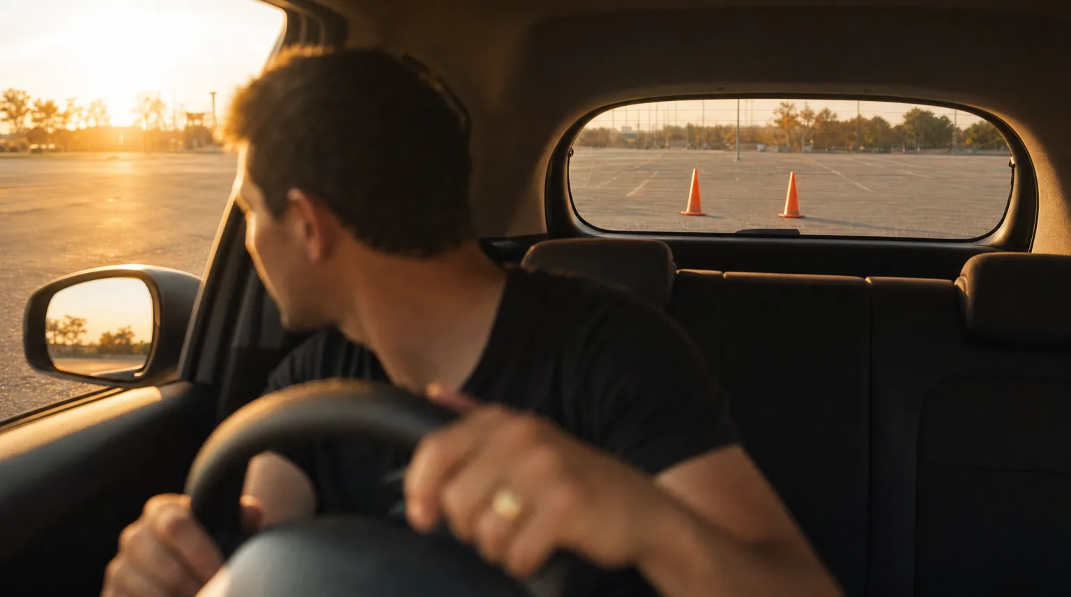 Hands on the steering wheel as a driver looks over one shoulder while reversing between two orange traffic cones in an empty parking lot at golden hour