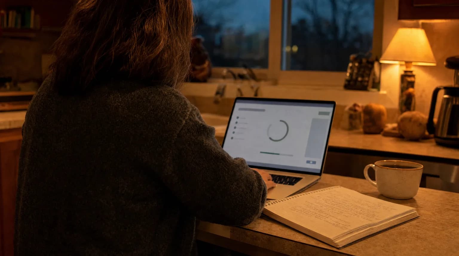 An adult at a kitchen counter in soft evening light works through an online driver education module on a laptop, notebook open beside the keyboard with handwritten notes