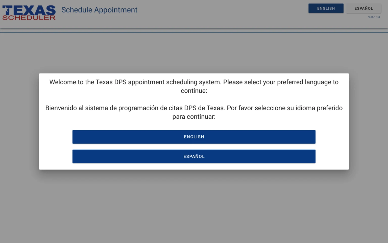 The first screen of the official Texas DPS appointment scheduler at public.txdpsscheduler.com, showing the welcome message in English and Spanish above buttons to choose a preferred language