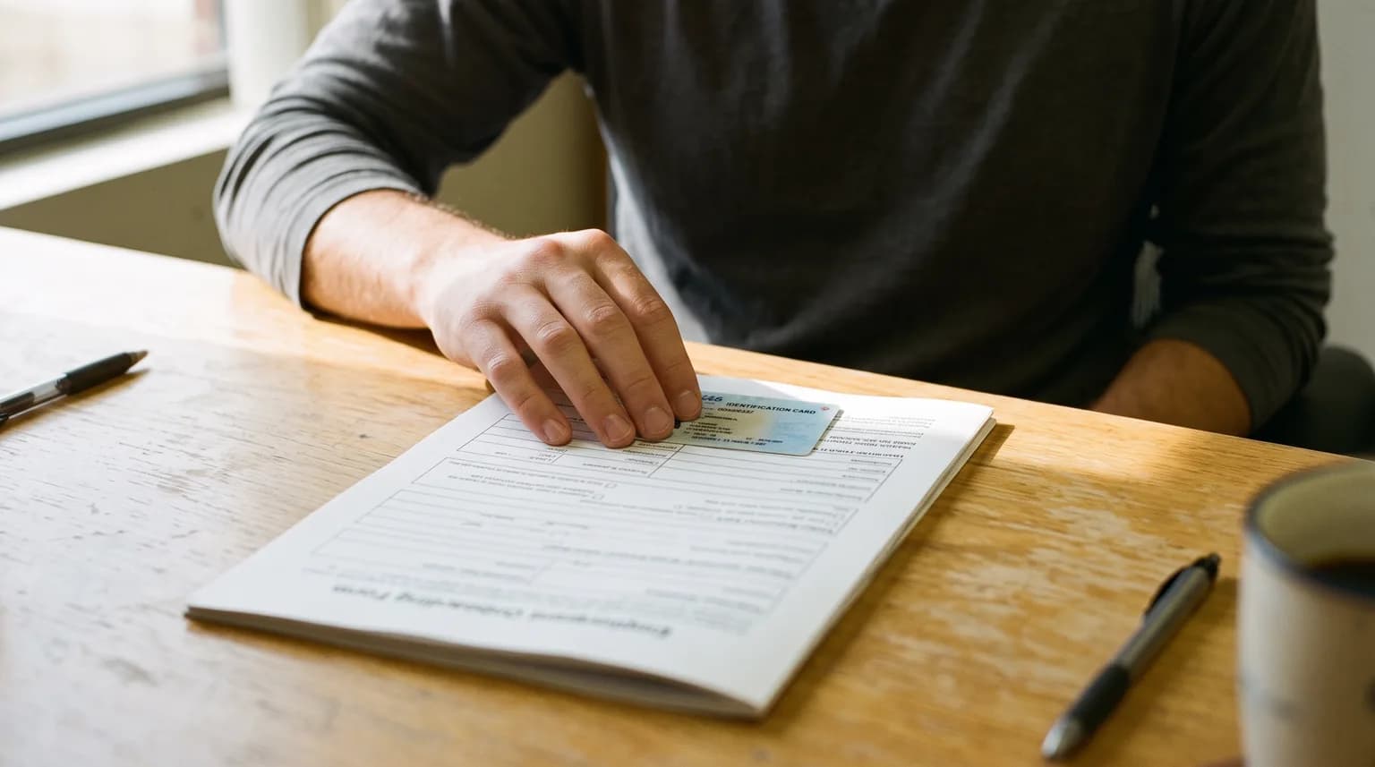 Close view of hands at a desk placing a Texas identification card onto an employment verification form