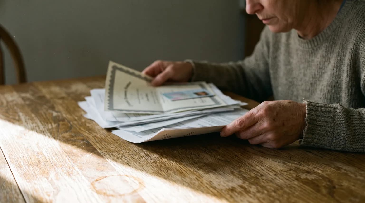 Overhead view of a person's hands gathering a stack of personal documents on a kitchen table in morning light