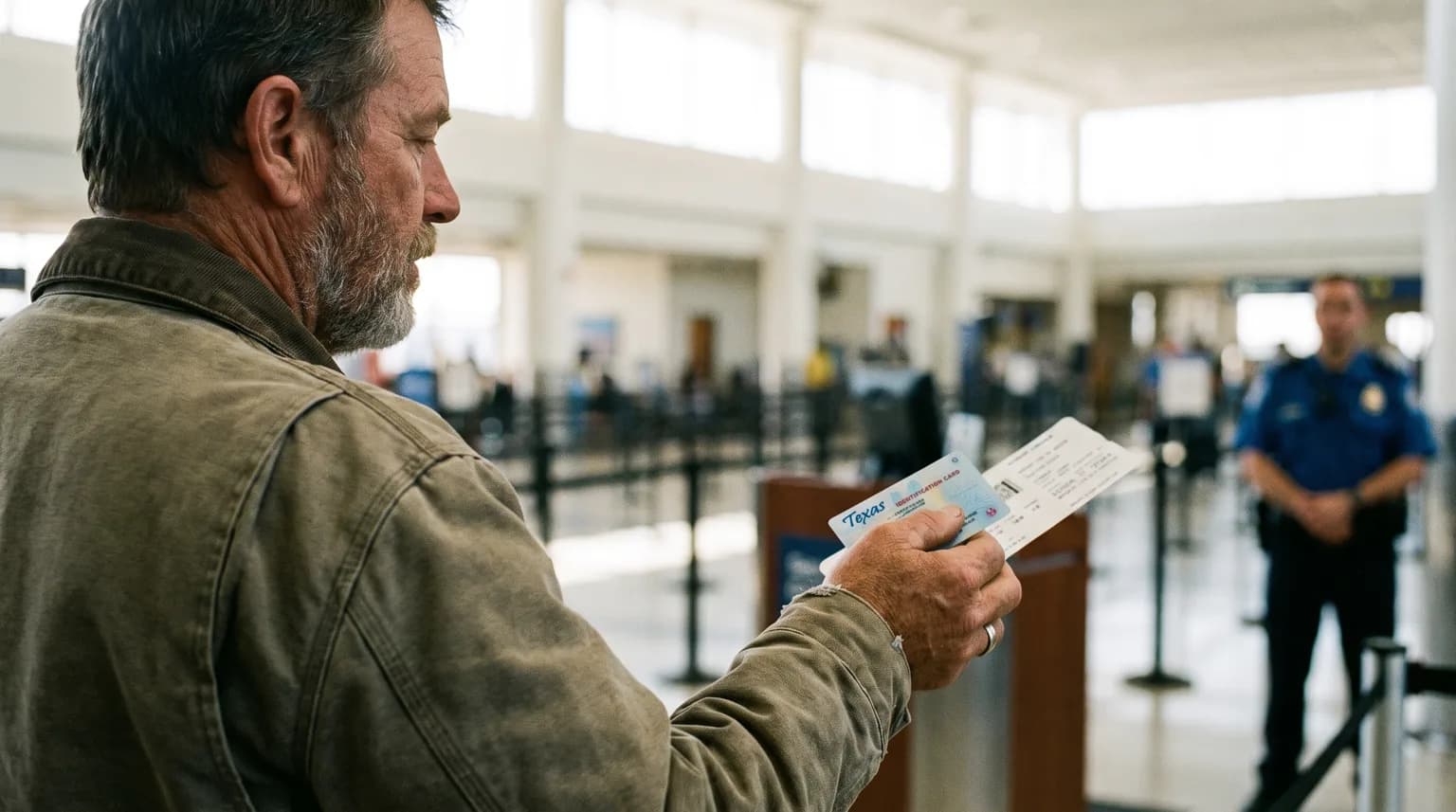 A man in profile at an airport security checkpoint holding up a Texas identification card and a boarding pass