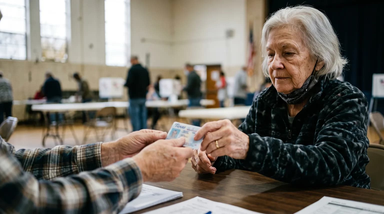 An older woman handing her Texas identification card to a volunteer at a polling place check-in table