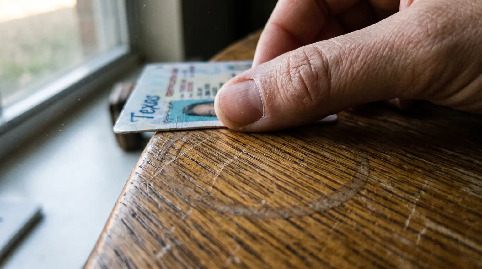 A woman's hand resting on a worn kitchen table, holding the corner of a Texas identification card in warm morning light