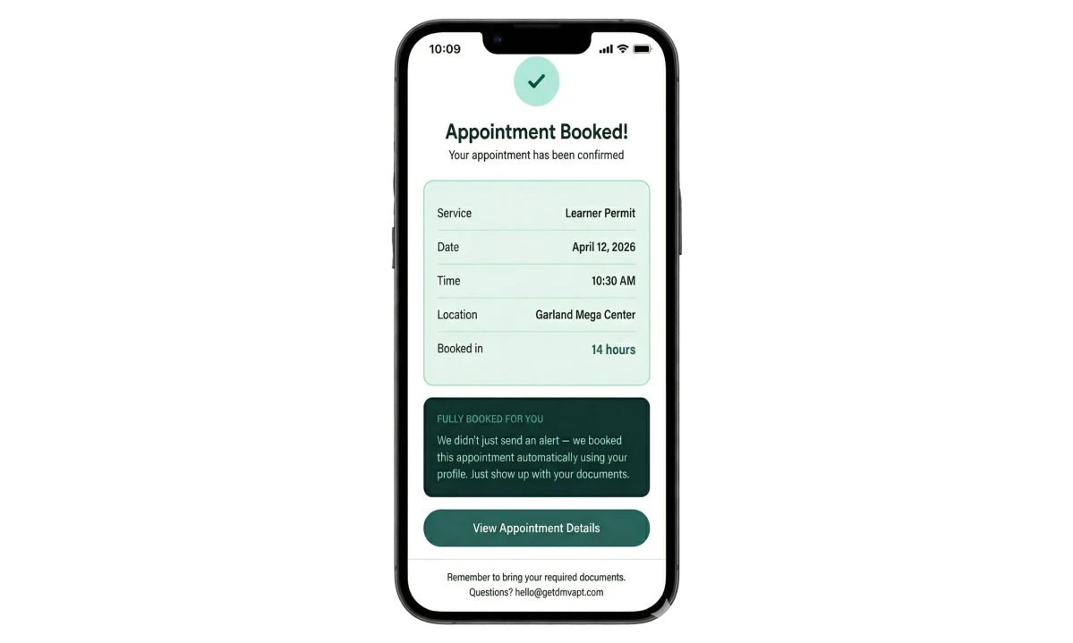 Appointment booked confirmation with date, time, and DPS office location