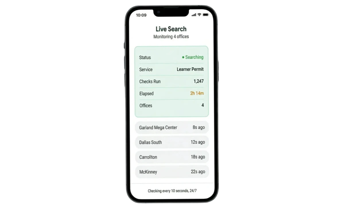 Live search in progress checking DPS offices every 10 seconds