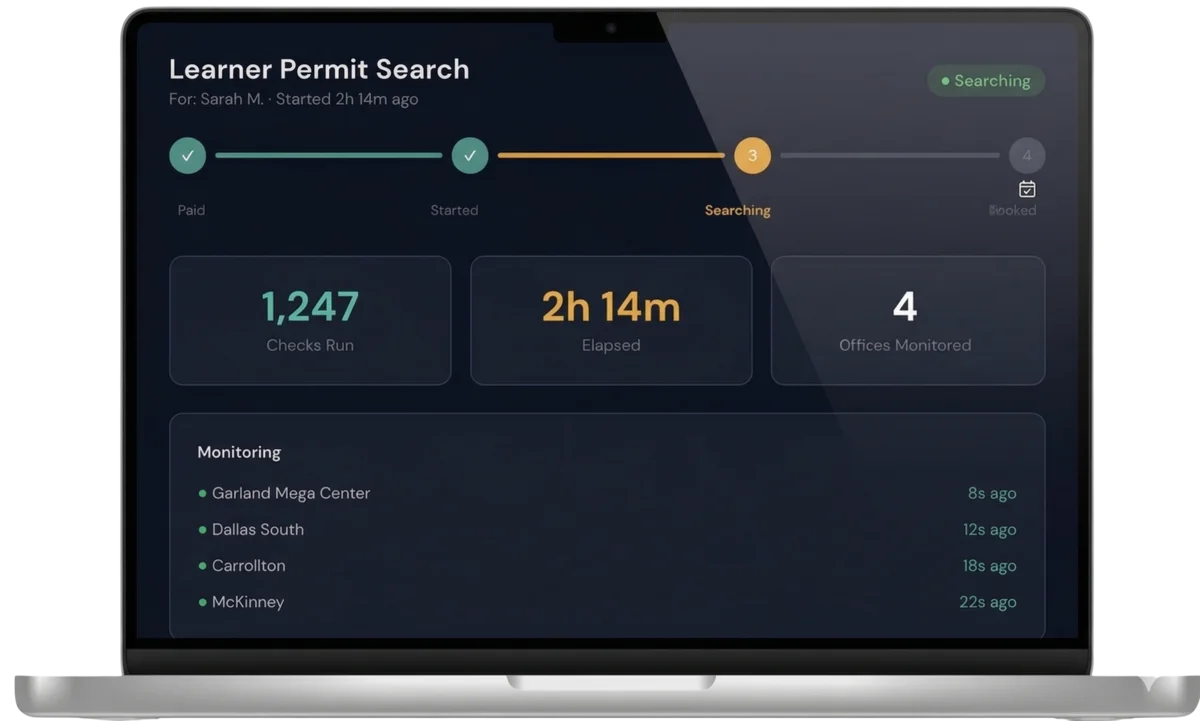 Live search status monitoring 4 DPS offices with 1,247 checks run