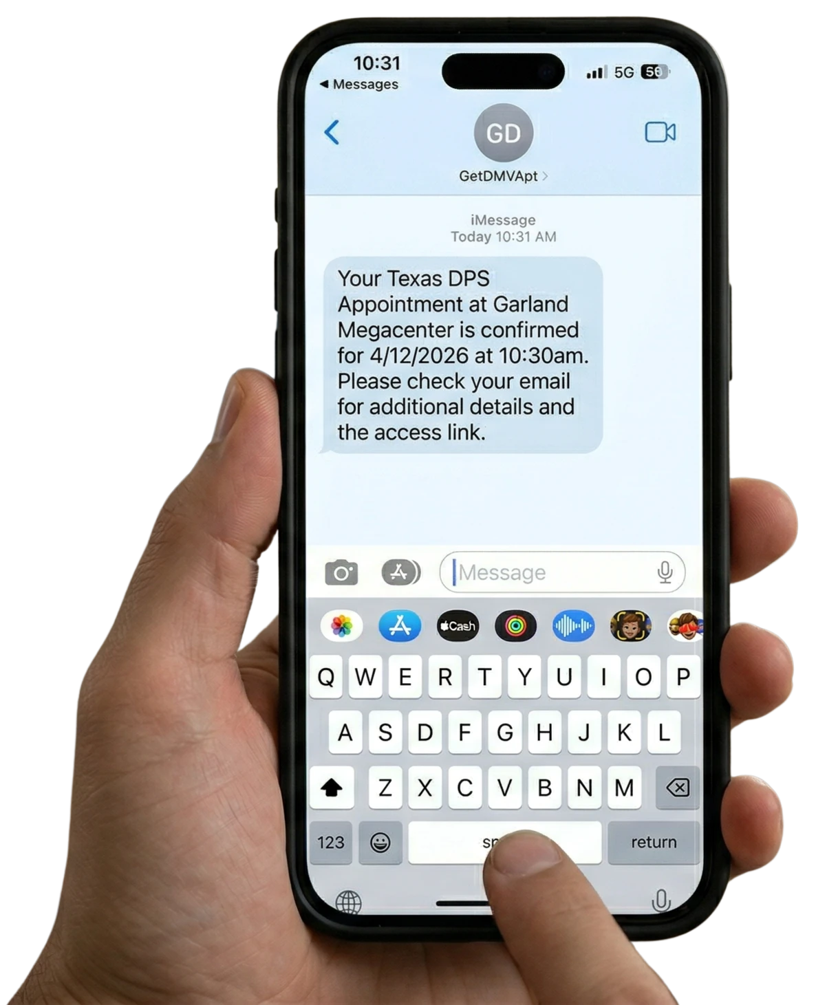 iPhone mostrando iMessage de GetDMVApt — Tu cita en Texas DPS en el Garland Megacenter está confirmada para el 4/12/2026 a las 10:30am